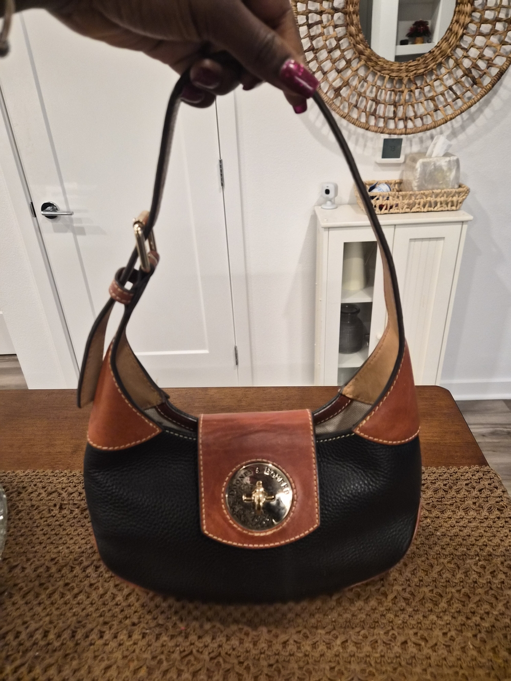 Dooney & Bourke Black Pebble Leather Shoulder Bag with Brown Trim